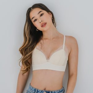 Feathery-Light Lace Mesh! Seamless Lightly-Lined Wireless Bra in Buttermilk