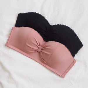 Ribbon Lace Trim Wireless Strapless Bra in Pink (Size S & M Only)