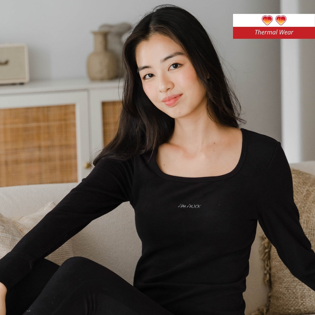 HeatHug! Thermal 2-in-1 Square Neck Long Sleeve with In-Built Bra Top in Black