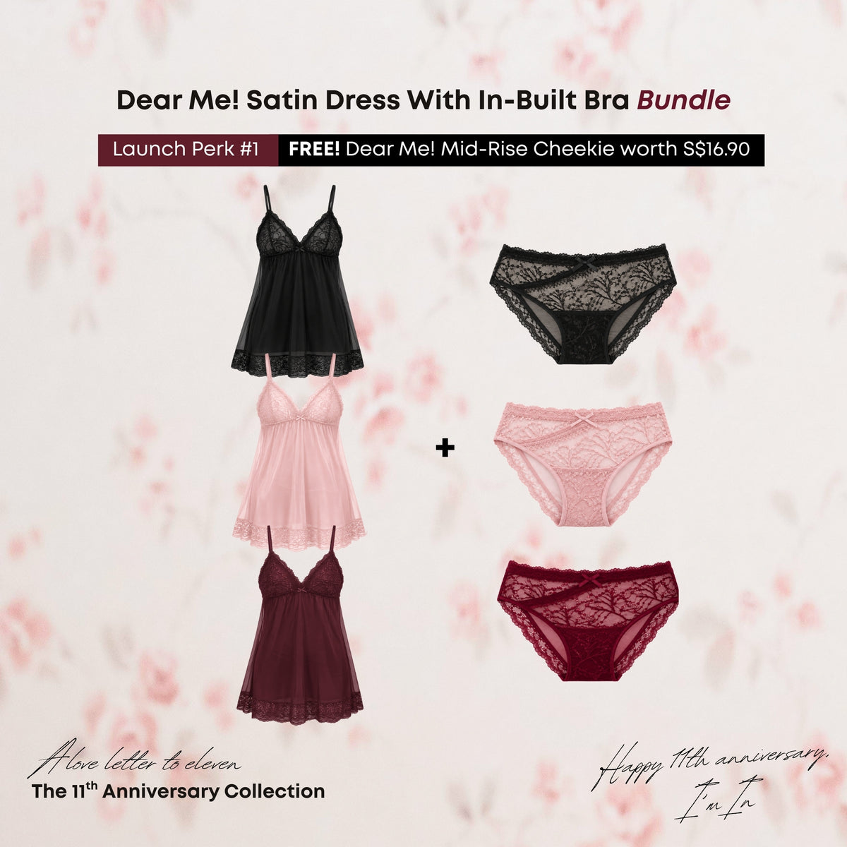 [PREORDER] Dear Me! Lace Satin Dress With In-Built Bra Bundle [FREE Dear Me! Cheekie worth S$16.90]