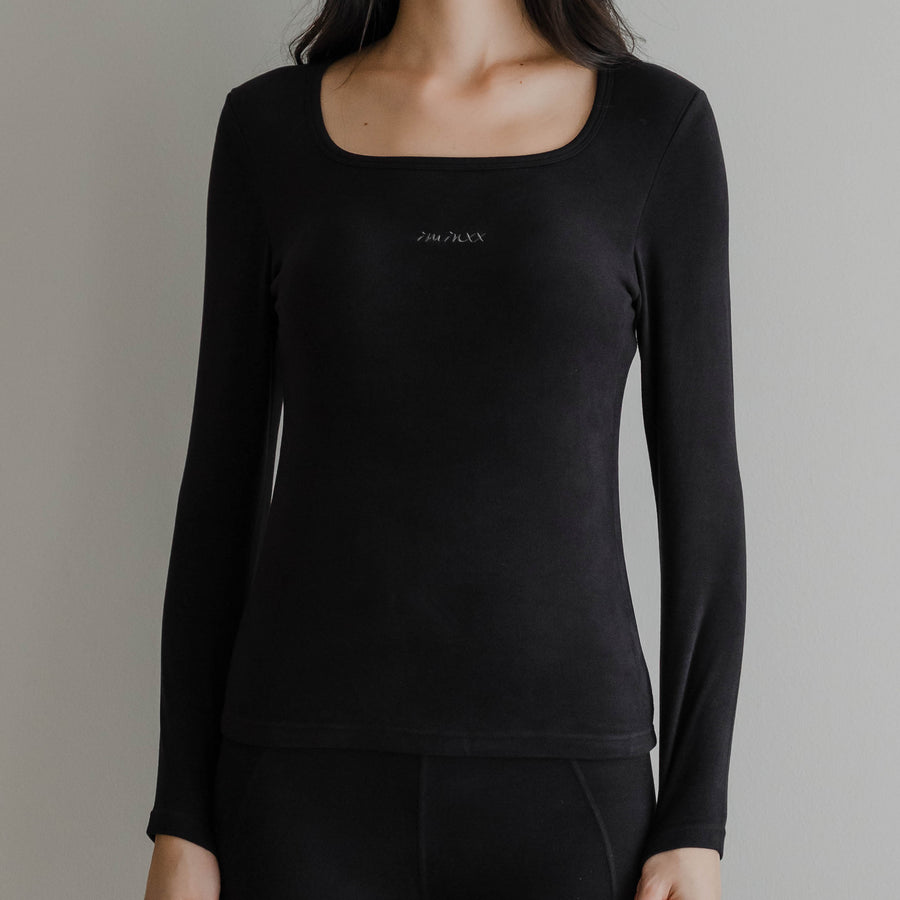 HeatHug! Thermal 2-in-1 Square Neck Long Sleeve with In-Built Bra Top in Black