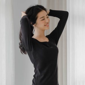 HeatHug! Thermal 2-in-1 Square Neck Long Sleeve with In-Built Bra Top in Black