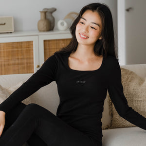 HeatHug! Thermal 2-in-1 Square Neck Long Sleeve with In-Built Bra Top in Black