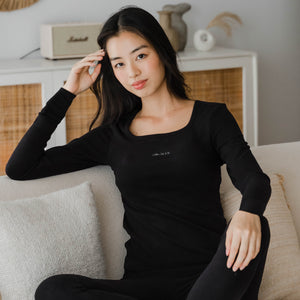 HeatHug! Thermal 2-in-1 Square Neck Long Sleeve with In-Built Bra Top in Black