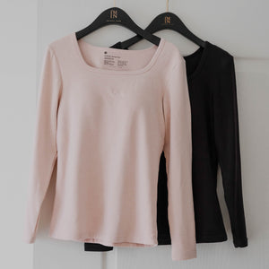 HeatHug! Thermal 2-in-1 Square Neck Long Sleeve with In-Built Bra Top in Black