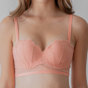 Blooming Petals Mesh Trimmed Midi Push Up Wireless Bra in Coral