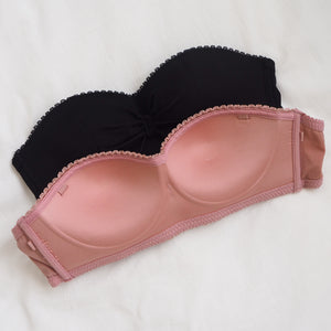 Ribbon Lace Trim Wireless Strapless Bra in Pink (Size L & XL Only)